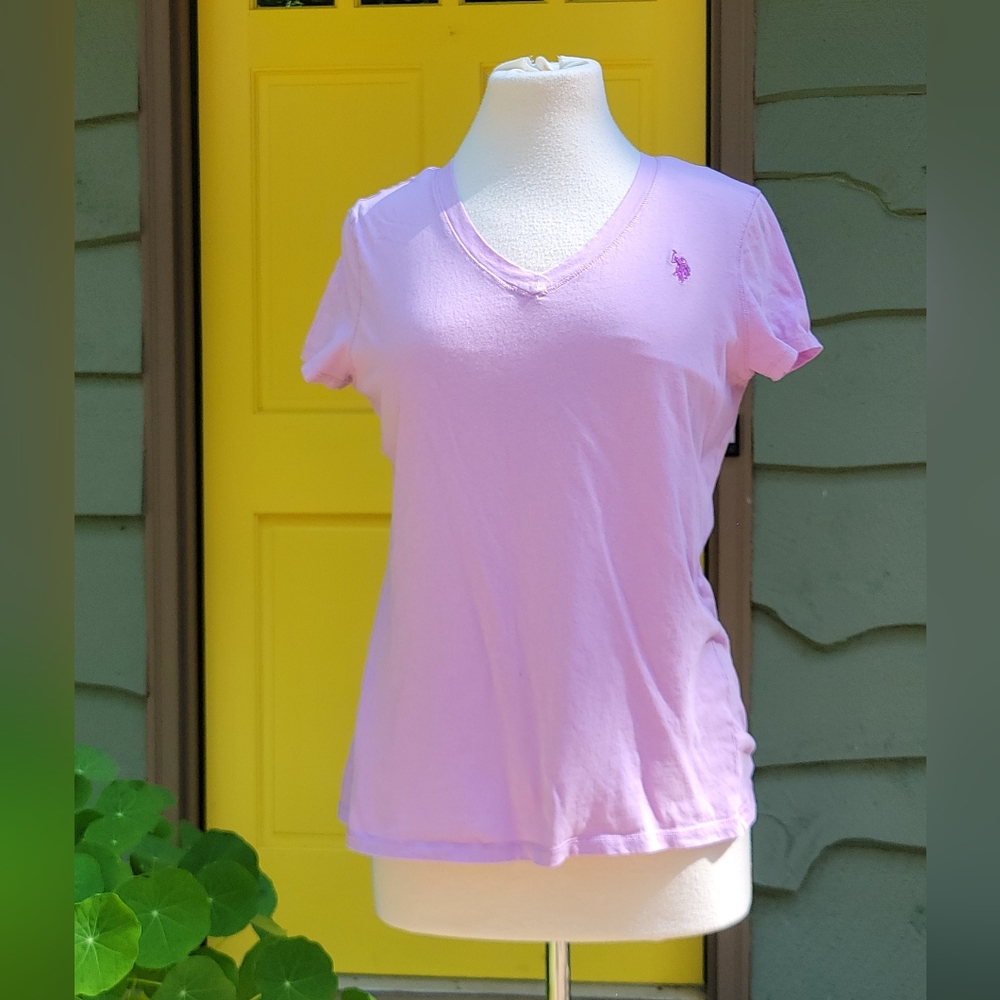 U.S. Polo Assn. Pastel Lavender V-Neck Tee Y2K Revival Size L
